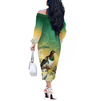 New Zealand Pigeon Kereru Off The Shoulder Long Sleeve Dress Maori Fern Art Green Gradient - Polynesian Pride