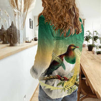 New Zealand Pigeon Kereru Women Casual Shirt Maori Fern Art Green Gradient - Polynesian Pride