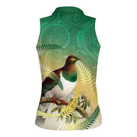 New Zealand Pigeon Kereru Women Sleeveless Polo Shirt Maori Fern Art Green Gradient - Polynesian Pride