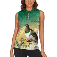 New Zealand Pigeon Kereru Women Sleeveless Polo Shirt Maori Fern Art Green Gradient - Polynesian Pride