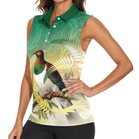 New Zealand Pigeon Kereru Women Sleeveless Polo Shirt Maori Fern Art Green Gradient - Polynesian Pride