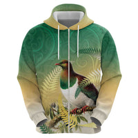 New Zealand Pigeon Kereru Zip Hoodie Maori Fern Art Green Gradient - Polynesian Pride