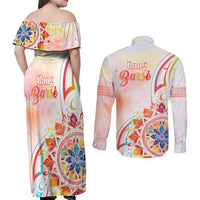 Happy Holi Festival Couples Matching Off Shoulder Maxi Dress and Long Sleeve Button Shirt Rangoli With Polynesian Pattern LT05 - Polynesian Pride