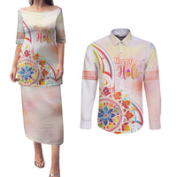 Happy Holi Festival Couples Matching Puletasi and Long Sleeve Button Shirt Rangoli With Polynesian Pattern LT05 White - Polynesian Pride