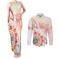 Happy Holi Festival Couples Matching Tank Maxi Dress and Long Sleeve Button Shirt Rangoli With Polynesian Pattern LT05 White - Polynesian Pride