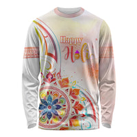 Happy Holi Festival Long Sleeve Shirt Rangoli With Polynesian Pattern LT05 Unisex White - Polynesian Pride