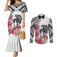 White Polynesian Hammerhead Shark Tribal Pattern Couples Matching Mermaid Dress and Long Sleeve Button Shirt