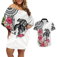 White Polynesian Hammerhead Shark Tribal Pattern Couples Matching Off Shoulder Short Dress and Hawaiian Shirt LT05 White - Polynesian Pride