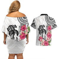 White Polynesian Hammerhead Shark Tribal Pattern Couples Matching Off Shoulder Short Dress and Hawaiian Shirt LT05 - Polynesian Pride