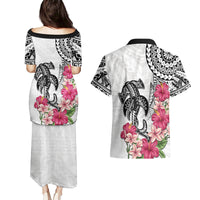 White Polynesian Hammerhead Shark Tribal Pattern Couples Matching Puletasi and Hawaiian Shirt LT05 - Polynesian Pride