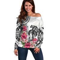 White Polynesian Hammerhead Shark Tribal Pattern Off Shoulder Sweater LT05 Women White - Polynesian Pride