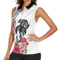 White Polynesian Hammerhead Shark Tribal Pattern Women Sleeveless Polo Shirt