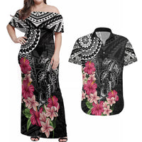 Black Polynesian Hammerhead Shark Tribal Pattern Couples Matching Off Shoulder Maxi Dress and Hawaiian Shirt LT05 Black - Polynesian Pride