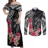 Black Polynesian Hammerhead Shark Tribal Pattern Couples Matching Off Shoulder Maxi Dress and Long Sleeve Button Shirt