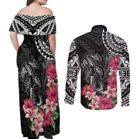 Black Polynesian Hammerhead Shark Tribal Pattern Couples Matching Off Shoulder Maxi Dress and Long Sleeve Button Shirt
