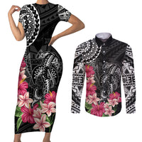 Black Polynesian Hammerhead Shark Tribal Pattern Couples Matching Short Sleeve Bodycon Dress and Long Sleeve Button Shirt LT05 Black - Polynesian Pride