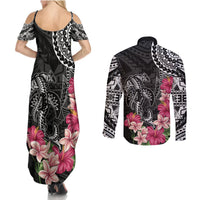 Black Polynesian Hammerhead Shark Tribal Pattern Couples Matching Summer Maxi Dress and Long Sleeve Button Shirt LT05 - Polynesian Pride