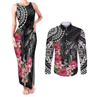 Black Polynesian Hammerhead Shark Tribal Pattern Couples Matching Tank Maxi Dress and Long Sleeve Button Shirt
