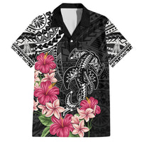 Black Polynesian Hammerhead Shark Tribal Pattern Family Matching Short Sleeve Bodycon Dress and Hawaiian Shirt