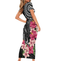 Black Polynesian Hammerhead Shark Tribal Pattern Family Matching Short Sleeve Bodycon Dress and Hawaiian Shirt