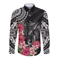 Black Polynesian Hammerhead Shark Tribal Pattern Long Sleeve Button Shirt LT05 Unisex Black - Polynesian Pride