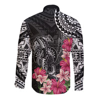 Black Polynesian Hammerhead Shark Tribal Pattern Long Sleeve Button Shirt LT05 - Polynesian Pride