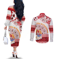 French Polynesia Internal Autonomy Day Couples Matching Off The Shoulder Long Sleeve Dress and Long Sleeve Button Shirt Tropical Hibiscus And Turtle Pattern