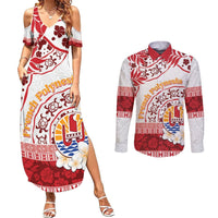 French Polynesia Internal Autonomy Day Couples Matching Summer Maxi Dress and Long Sleeve Button Shirt Tropical Hibiscus And Turtle Pattern LT05 Red - Polynesian Pride