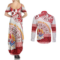 French Polynesia Internal Autonomy Day Couples Matching Summer Maxi Dress and Long Sleeve Button Shirt Tropical Hibiscus And Turtle Pattern LT05 - Polynesian Pride