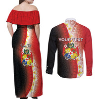 Personalised Tonga Emancipation Day Couples Matching Off Shoulder Maxi Dress and Long Sleeve Button Shirt Tongan Ngatu Pattern With Plumeria