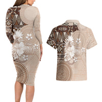 Tonga Ngatu Motifs Couples Matching Long Sleeve Bodycon Dress and Hawaiian Shirt With Coat Of Arms Beige LT05 - Polynesian Pride