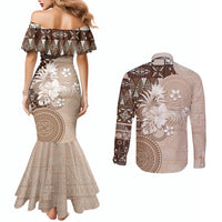 Tonga Ngatu Motifs Couples Matching Mermaid Dress and Long Sleeve Button Shirt With Coat Of Arms Beige