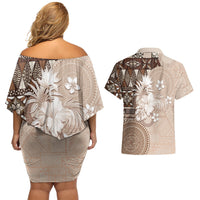 Tonga Ngatu Motifs Couples Matching Off Shoulder Short Dress and Hawaiian Shirt With Coat Of Arms Beige