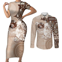 Tonga Ngatu Motifs Couples Matching Short Sleeve Bodycon Dress and Long Sleeve Button Shirt With Coat Of Arms Beige