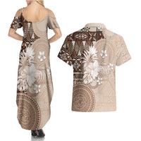 Tonga Ngatu Motifs Couples Matching Summer Maxi Dress and Hawaiian Shirt With Coat Of Arms Beige