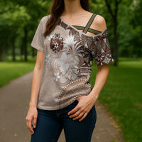 Tonga Ngatu Motifs Cross Shoulder Shirt With Coat Of Arms Beige