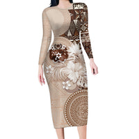 Tonga Ngatu Motifs Family Matching Long Sleeve Bodycon Dress and Hawaiian Shirt With Coat Of Arms Beige