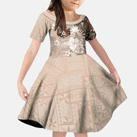 Tonga Ngatu Motifs Family Matching Mermaid Dress and Hawaiian Shirt With Coat Of Arms Beige LT05 Daughter's Dress Beige - Polynesian Pride