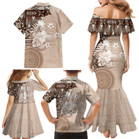 Tonga Ngatu Motifs Family Matching Mermaid Dress and Hawaiian Shirt With Coat Of Arms Beige LT05 - Polynesian Pride
