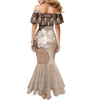 Tonga Ngatu Motifs Family Matching Mermaid Dress and Hawaiian Shirt With Coat Of Arms Beige LT05 - Polynesian Pride