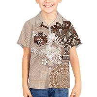 Tonga Ngatu Motifs Family Matching Mermaid Dress and Hawaiian Shirt With Coat Of Arms Beige LT05 Son's Shirt Beige - Polynesian Pride