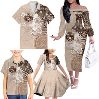 Tonga Ngatu Motifs Family Matching Off The Shoulder Long Sleeve Dress and Hawaiian Shirt With Coat Of Arms Beige