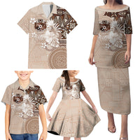 Tonga Ngatu Motifs Family Matching Puletasi and Hawaiian Shirt With Coat Of Arms Beige