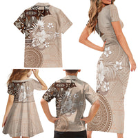 Tonga Ngatu Motifs Family Matching Short Sleeve Bodycon Dress and Hawaiian Shirt With Coat Of Arms Beige