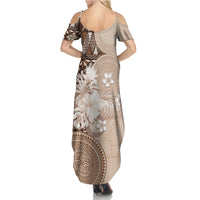 Tonga Ngatu Motifs Family Matching Summer Maxi Dress and Hawaiian Shirt With Coat Of Arms Beige