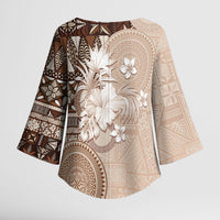 Tonga Ngatu Motifs Kimono Sleeve Blouse With Coat Of Arms Beige