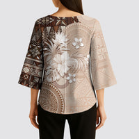 Tonga Ngatu Motifs Kimono Sleeve Blouse With Coat Of Arms Beige