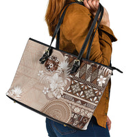 Tonga Ngatu Motifs Leather Tote Bag With Coat Of Arms Beige