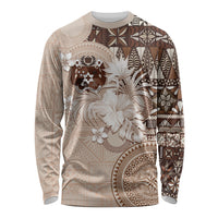 Tonga Ngatu Motifs Long Sleeve Shirt With Coat Of Arms Beige
