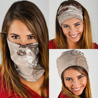 Tonga Ngatu Motifs Neck Gaiter With Coat Of Arms Beige LT05 - Polynesian Pride